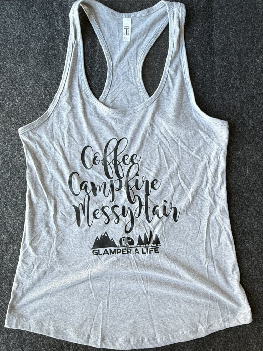 Camping Tank Top Coffee Campfire Messy Hair Racerback Women's XL
